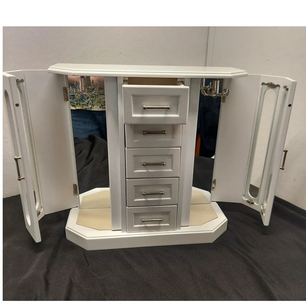 Vintage Wooden Jewelry Armoire Etched Glass Carousel White 13